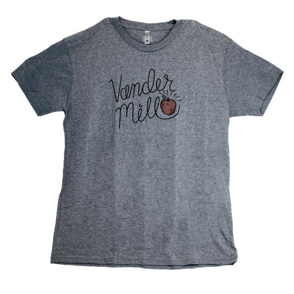 Heather gray t-shirt design featuring black cursive "Vander Mill," "Spring Lake, MI," and a hand drawn red apple