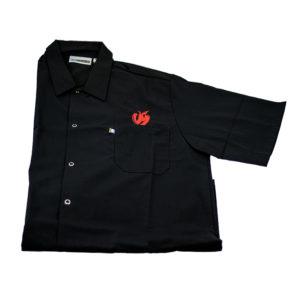 Black snap down work shirt with a single breast pocket and red embroidered apple logo on the chest