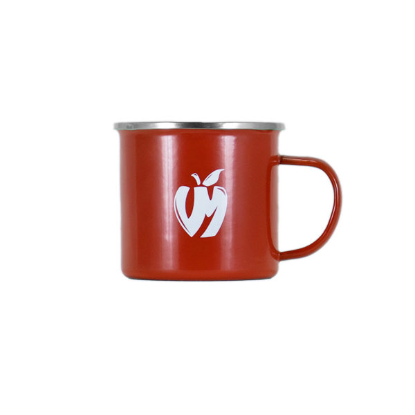 Red Vander Mill metal camp mug with white apple logo, silver rim