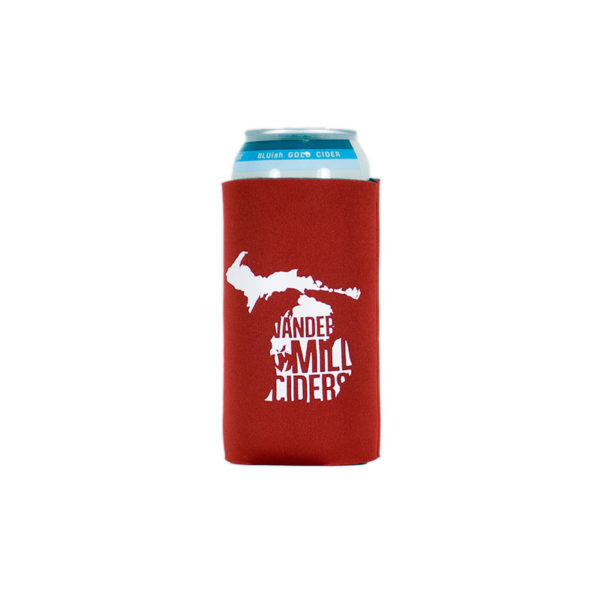 Back side of the 16oz coozie featuring a map of michigan in white with the words "Vander Mill ciders" inside it in red