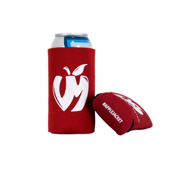 Vander Mill 16oz can coozie with the white VM apple logo on the front, "#applejacket" on the bottom, and a michigan map on the back