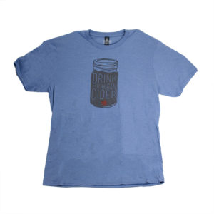 Heather blue t-shirt featuring a full ball jar and the words Drink Michigan Cider along with the Vander Mill apple logo