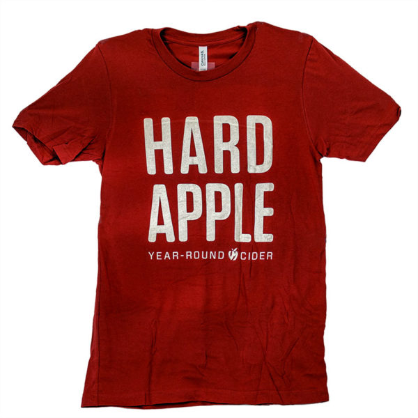 Red t-shirt with "Hard Apple Year-Round Cider" in white across the front