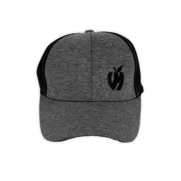 Gray and black Vander Mill jersey hat with the apple logo in black embroidered on the front left panel
