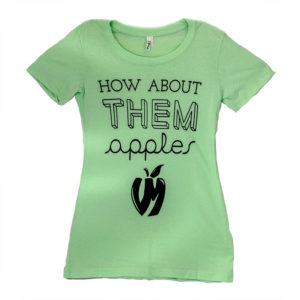 Women's mint green t-shirt with "How about them apples" and the black Vander Mill apple logo across the front