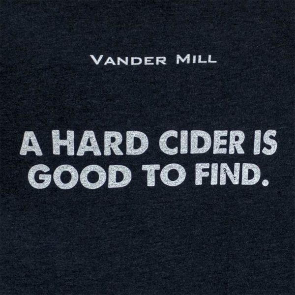 Back of the black logo t-shirt with "Vander Mill" at the top and "A hard cider is good to find" across the lower shoulders
