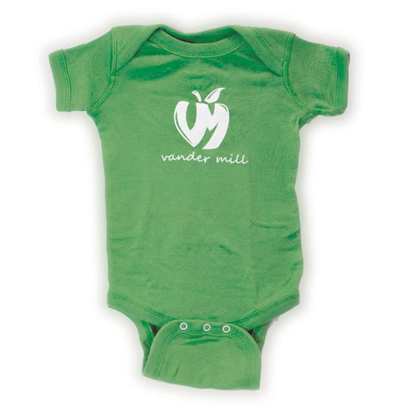 Infant onesie in green with the Vander Mill logo in white on the front