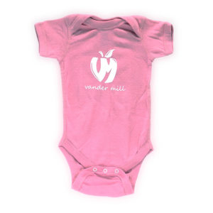 Infant onesie in pink with the Vander Mill logo in white on the front