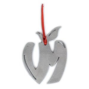 Metal Vander Mill apple logo Christmas ornament with a red ribbon for hanging it