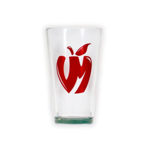 Glass pint glass with Vander Mill's red apple logo on the front and the full Vander Mill logo on the back, just like we use in the taproom