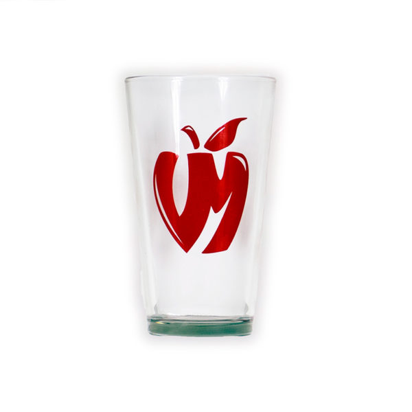 Glass pint glass with Vander Mill's red apple logo on the front and the full Vander Mill logo on the back, just like we use in the taproom