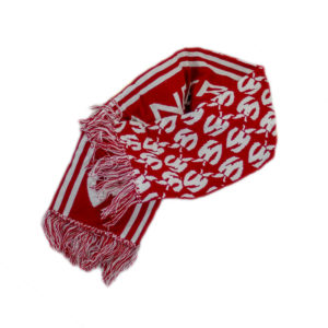 Red and white Vander Mill winter scarf with "VANDER MILL" on one side and a pattern of white apple logos on the other side