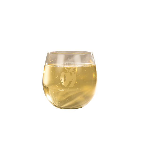 Clear glass, stemless wine glass filled with hard cider featuring the Vander Mill logo etched into the front