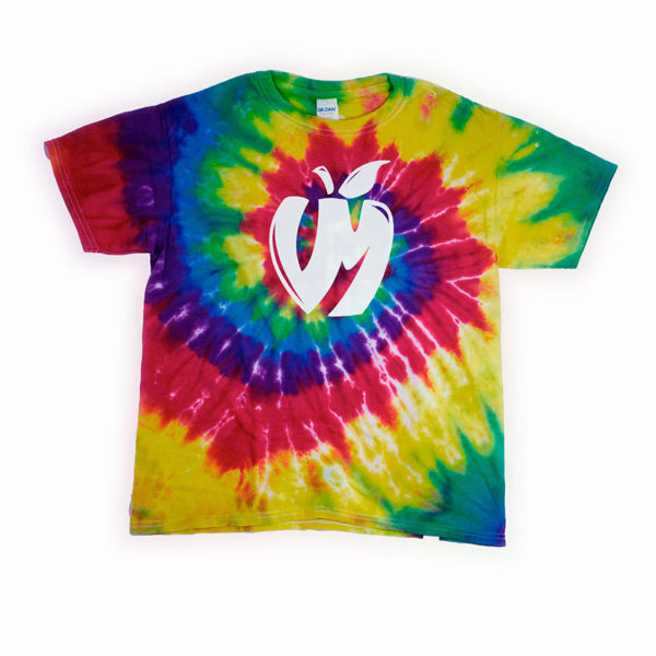 Kids tie-dye t-shirt with a large Vander Mill apple logo in white on the front and "Vander Mill" in white on the sleeve