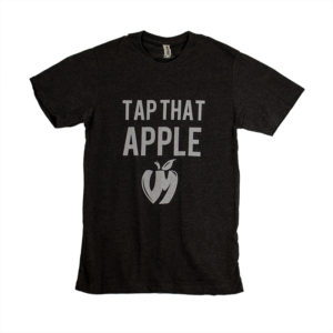 Black t-shirt with a white design that says, "Tap that apple" with the Vander Mill VM apple logo beneath the words