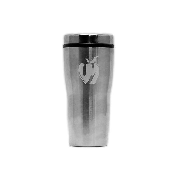 Metal coffee tumbler with a small Vander Mill apple logo in white on the front