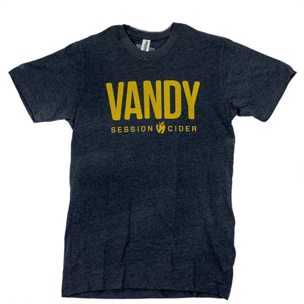 Charcoal colored t-shirt with "Vandy Session Cider" in yellow/gold across the front