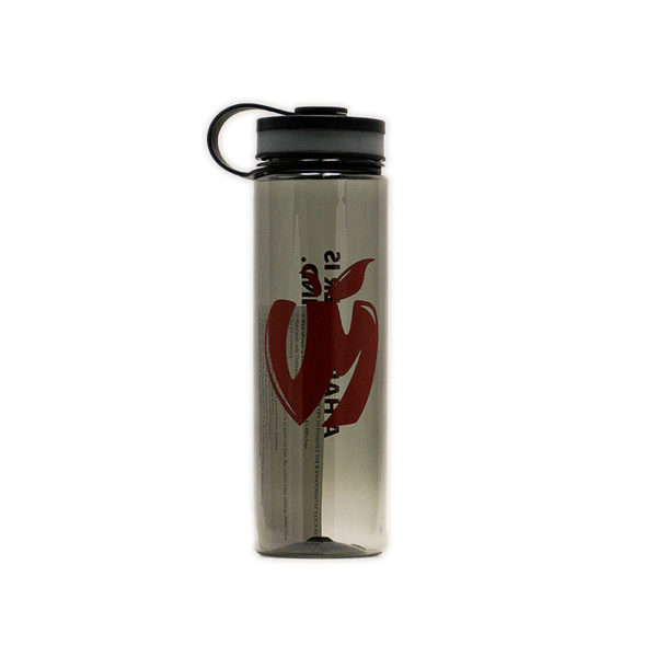 Smoke black all plastic water bottle with the Vander Mill apple logo in red on the front and "A hard cider is good to find" on the back