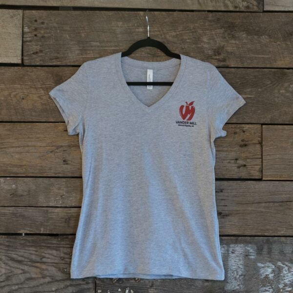 Vander Mill women's V-neck, gray with the red and black Vander Mill logo and Grand Rapids, MI
