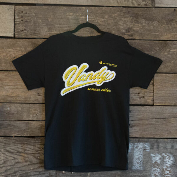 Vander Mill black, yellow, and white Vandy penant-style session cider t-shirt